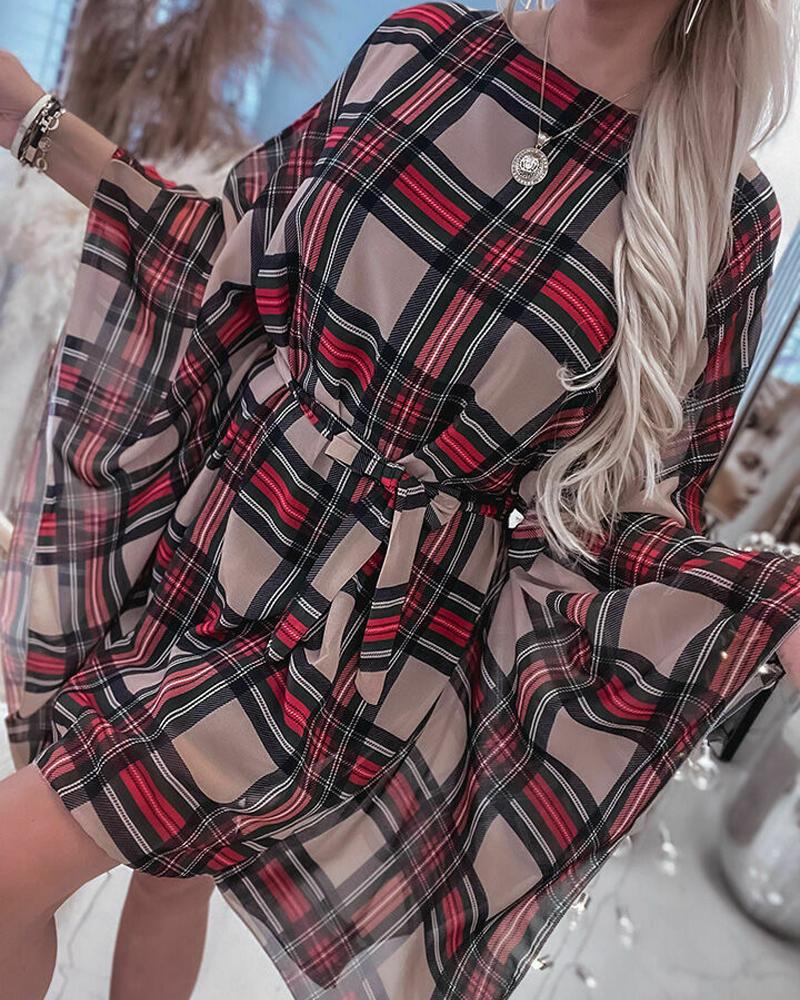 

Plaid Print Bell Sleeve Casual Dress, Red