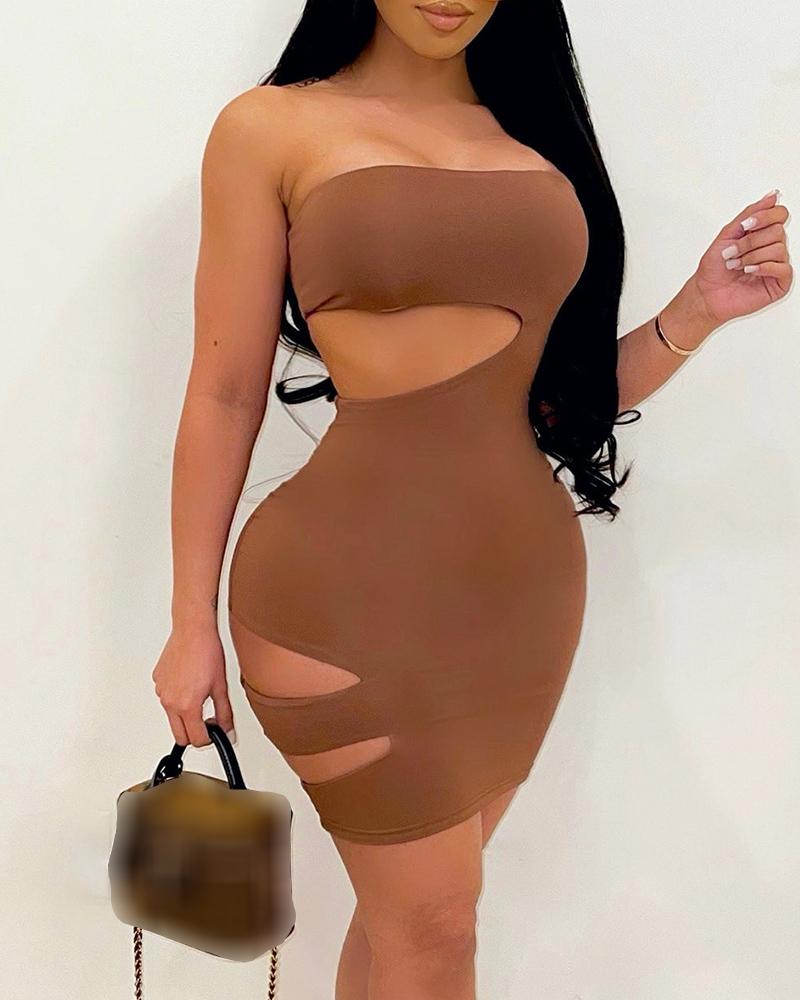 

Solid Color Cut-out Off Shoulder Sleeveless Skinny Mini Dress, Brown