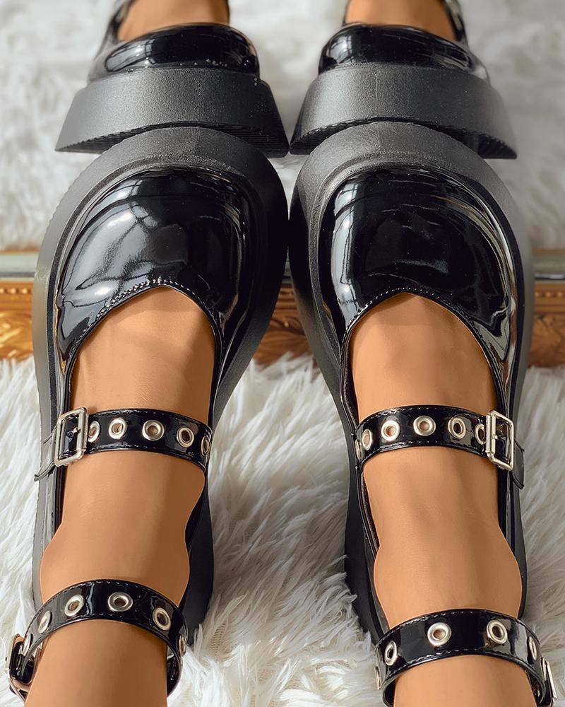 

Eyelet Buckled Flatform Mary Jane, Black