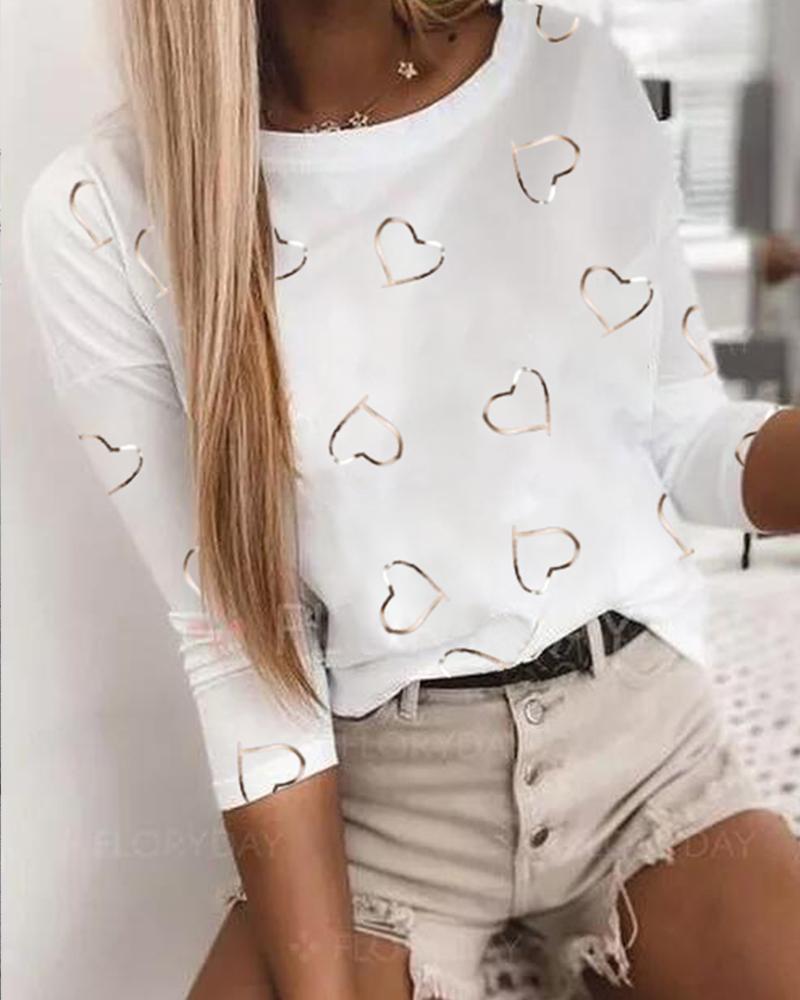 

Heart Print Round Neck Long Sleeve T-shirt, White