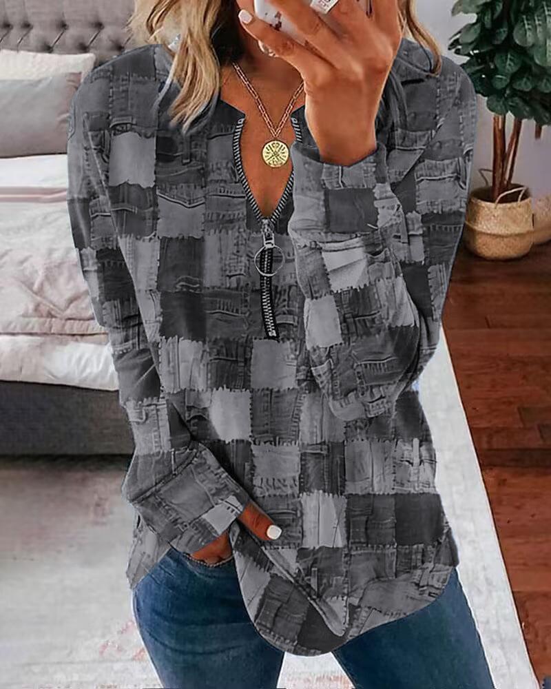 

Denim Look Print Zip Detail Long Sleeve Top, Gray