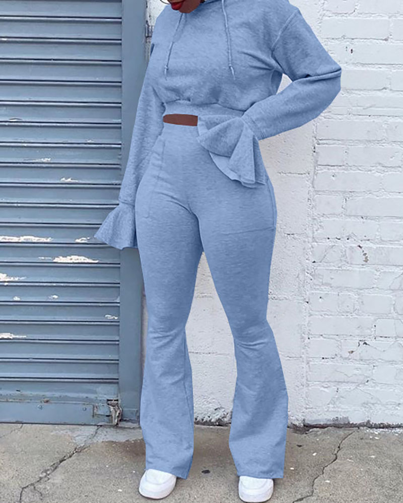

Bell Sleeve Hooded Crop Top & High Waist Bootcut Pants Set, Light blue