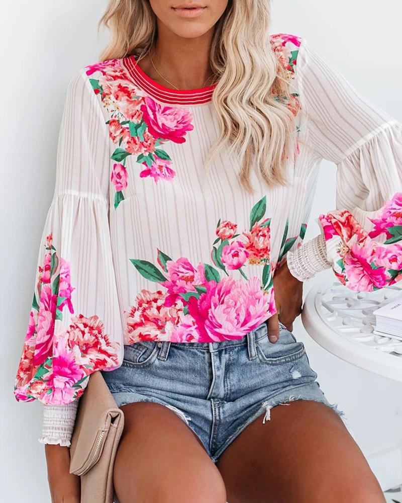 

Floral Print Lantern Sleeve Top, White