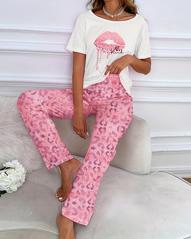 

Lip Leopard Print Round Neck Pajamas Set, Pink