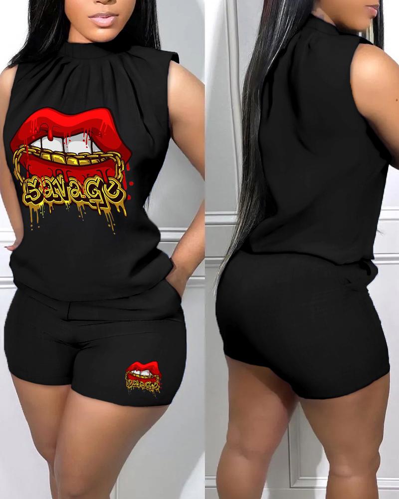 

Lip Savage Print Ruched Sleeveless Tank Top & Pocket Design Shorts Set, Black