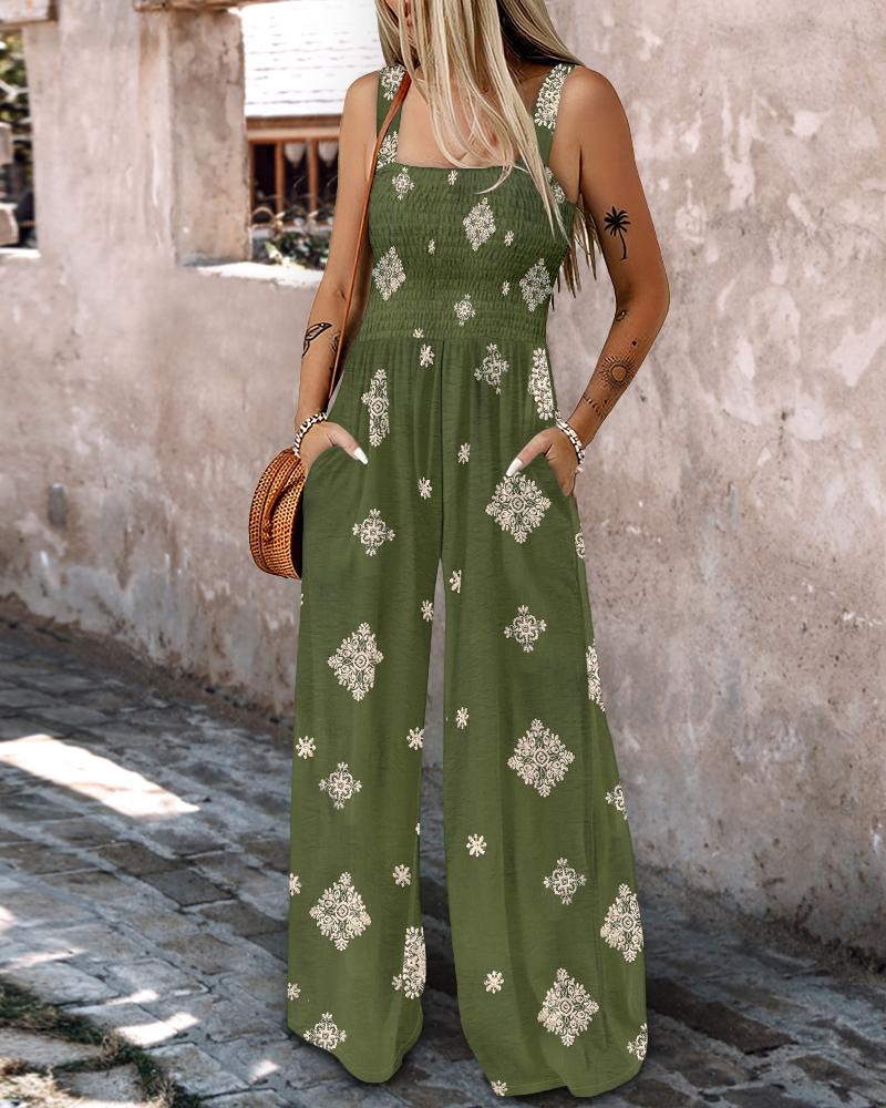 

Graphic Print Thick Strap Square Neck Shirred Jumpsuit Wide Leg Vacation Overalls with Pockets, Army green