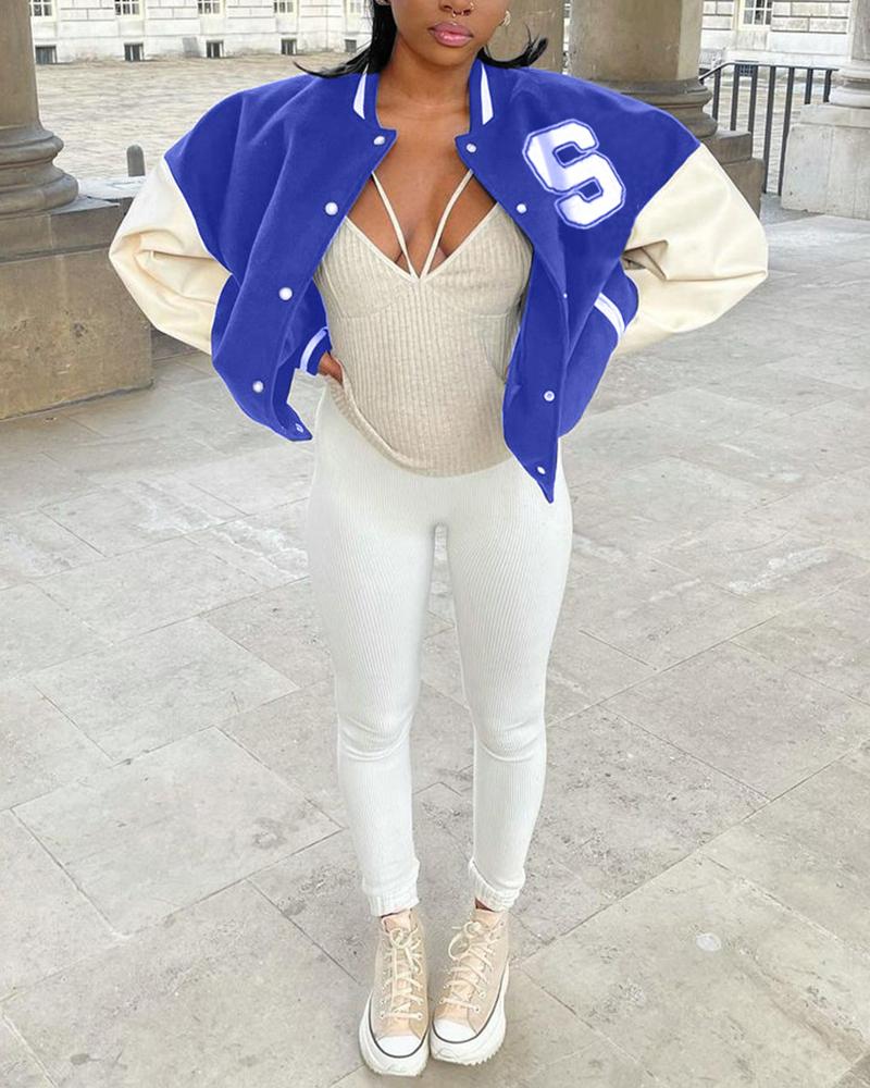 

Letter Print Long Sleeve Bomber Jacket, Blue
