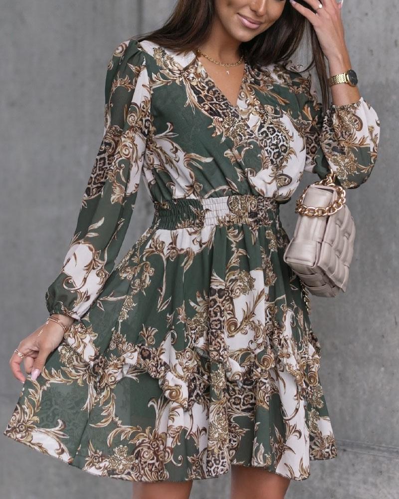

Long Sleeve V-Neck Baroque Print Dress, Green