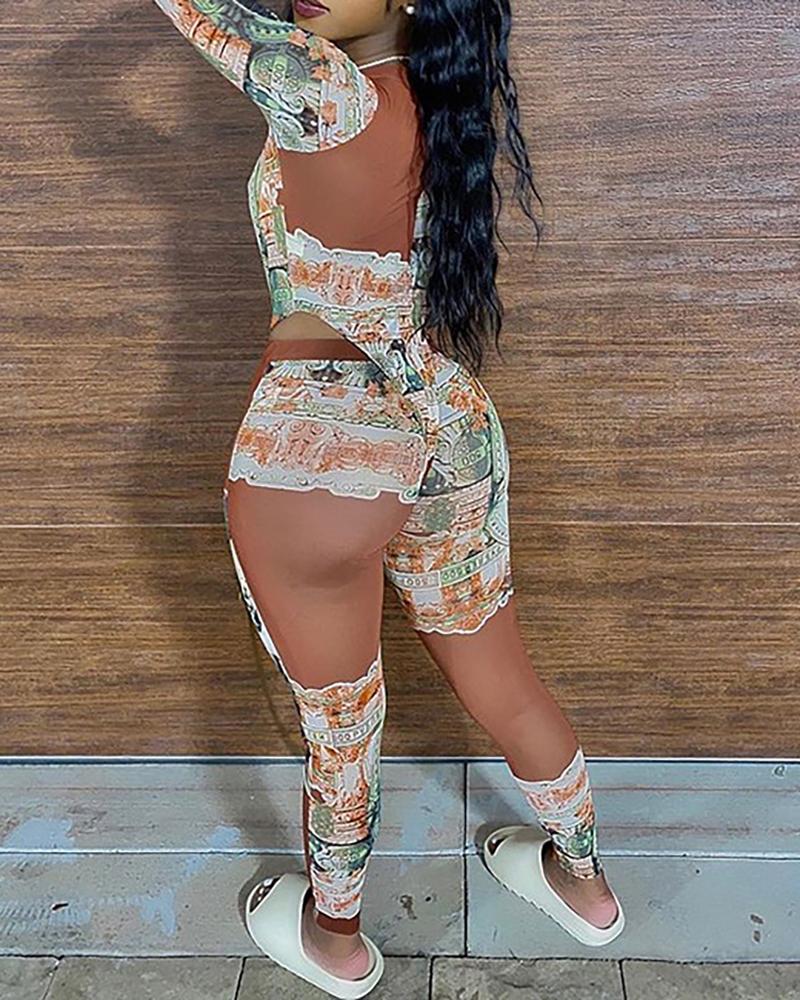 

Abstract Print Long Sleeve Bodysuit & Skinny Pants Set, Brown