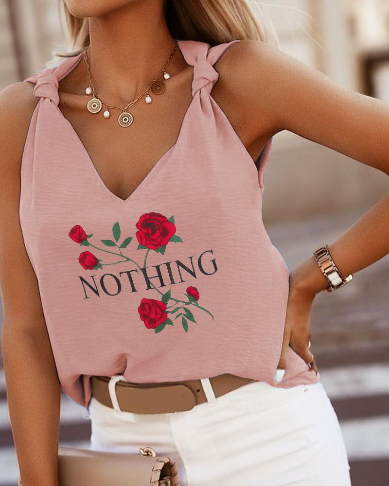 

Tied Detail V-Neck Floral & Letter Print Casual Top, Pink
