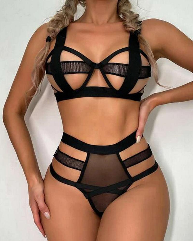 

Contrast Mesh Cutout Lingerie Set, Black