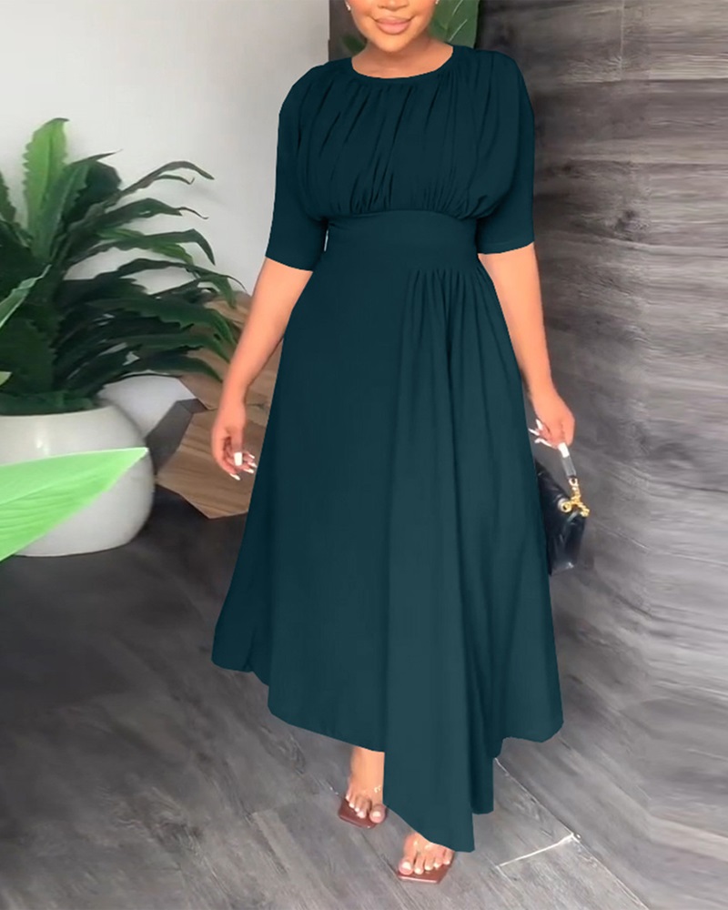 

Ruched Asymmetrical Half Sleeve Casual Dress, Green