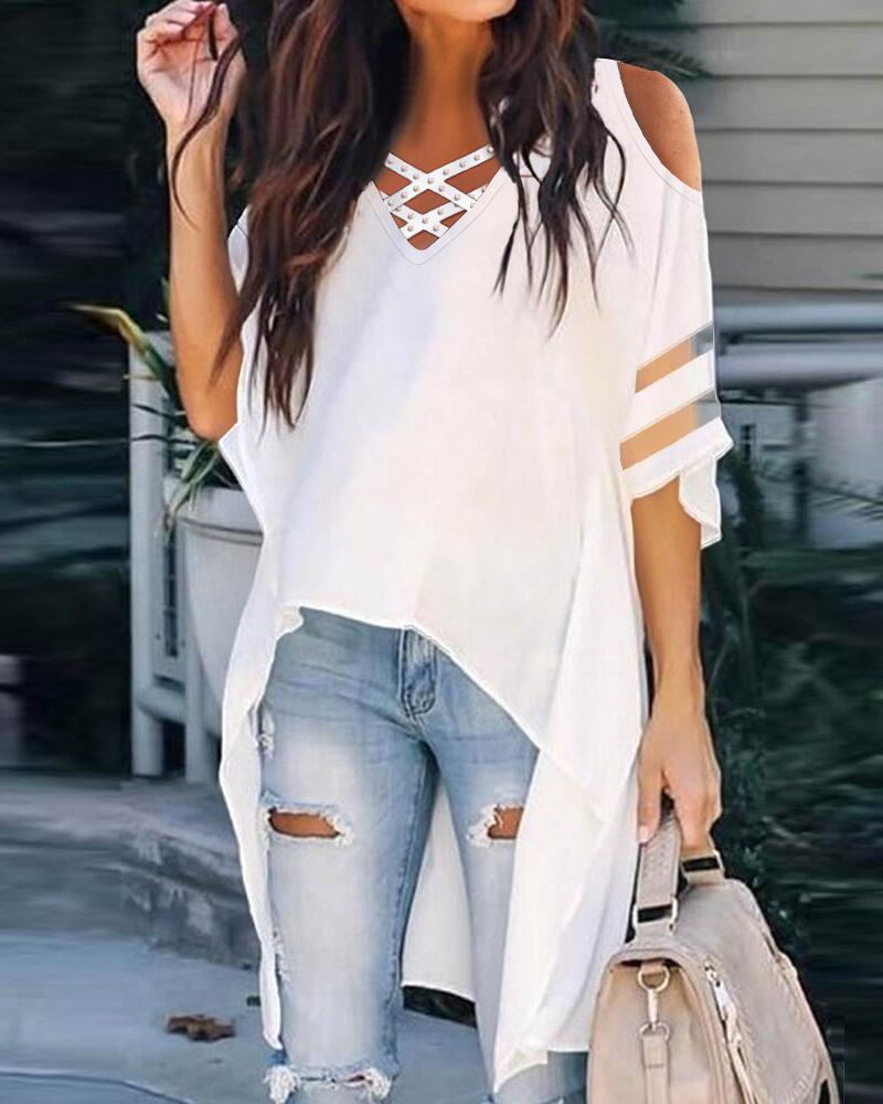

Cold Shoulder Contrast Mesh High Low Hem Top, White