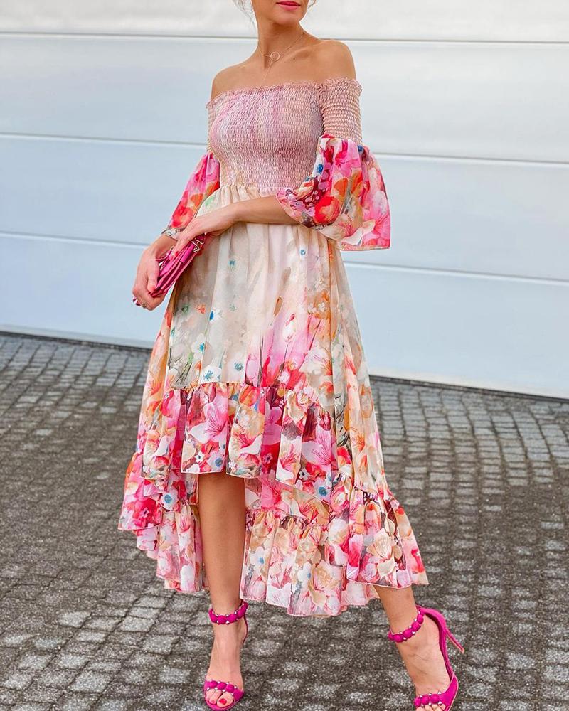 

Off Shoulder Bell Sleeve Floral Print Asymmetrical Party Dress, Pink
