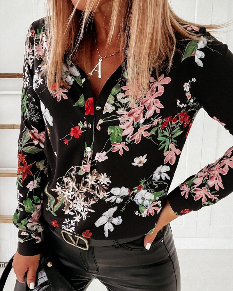 

Floral Print Button Front Long Sleeve Top, Black