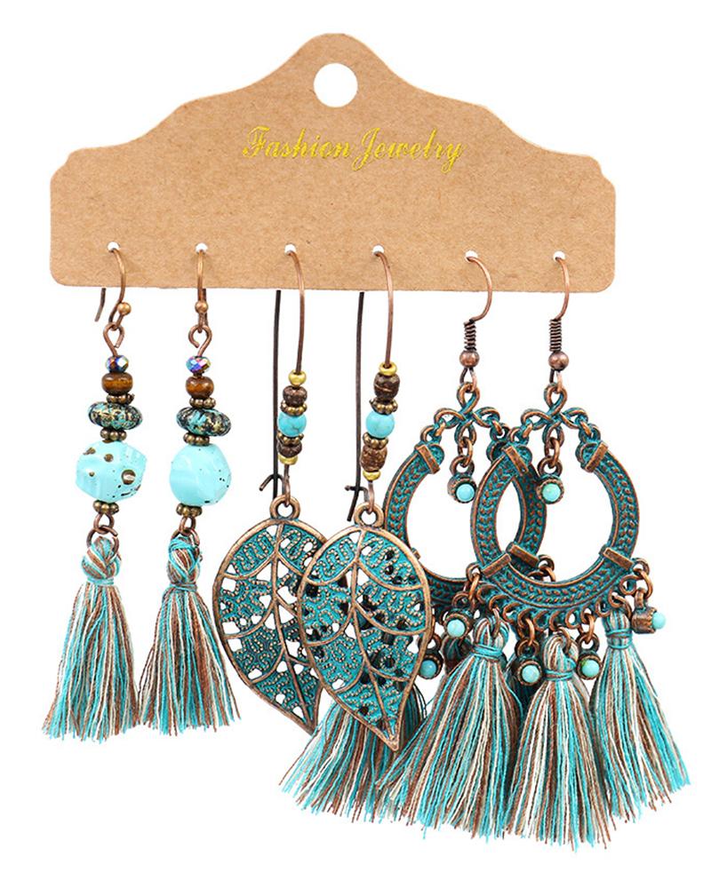 

3Pairs Turquoise Tassel Hollow Out Bohemian Tribal Drop Earrings Set, Style2