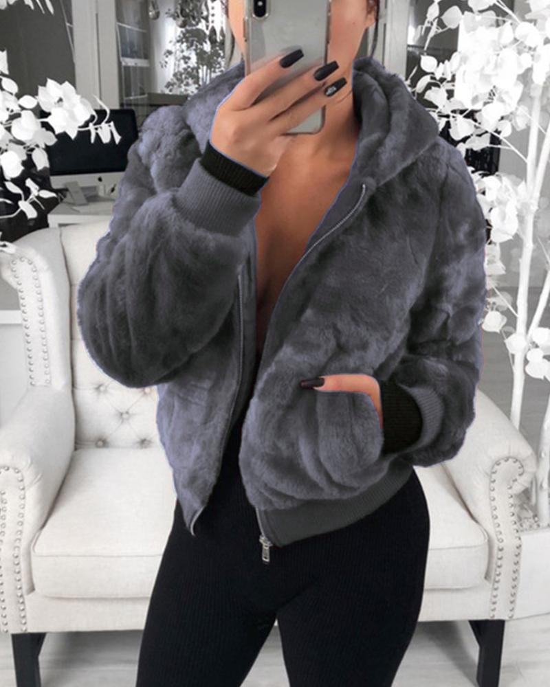 

Long Sleeve Zip Front Fur Faux Fur Hooded Coat, Gray