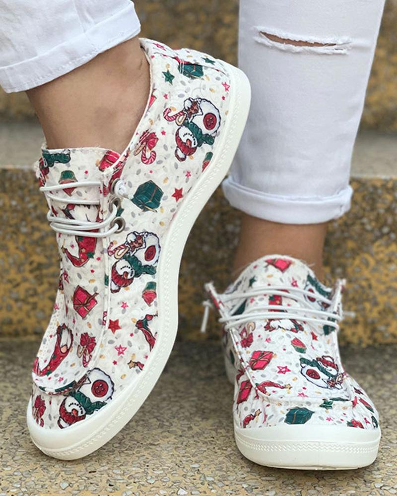 

Christmas Graphic Print Lace-up Canvas Slip-On, White&red