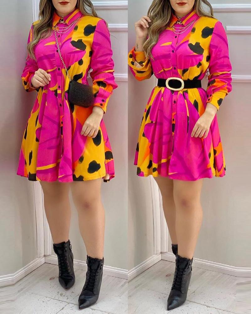 

All Over Print Long Sleeve Buttoned Shirt Dress, Hot pink