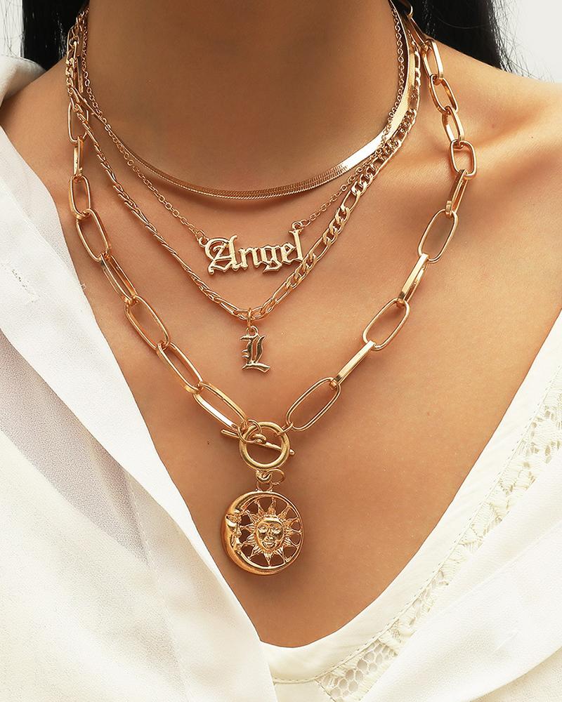 

1pc Letter Sun Charm Layered Necklace, Gold