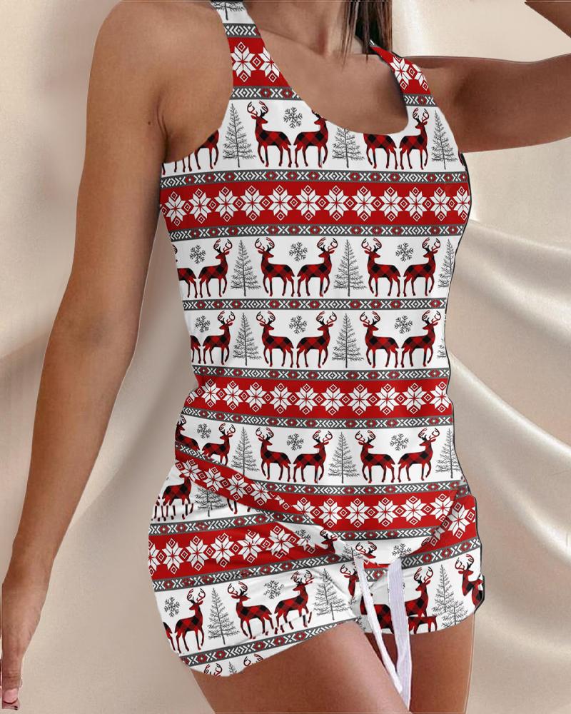 

Christmas Snowflake Elk Print Drawstring Pajamas Set, White