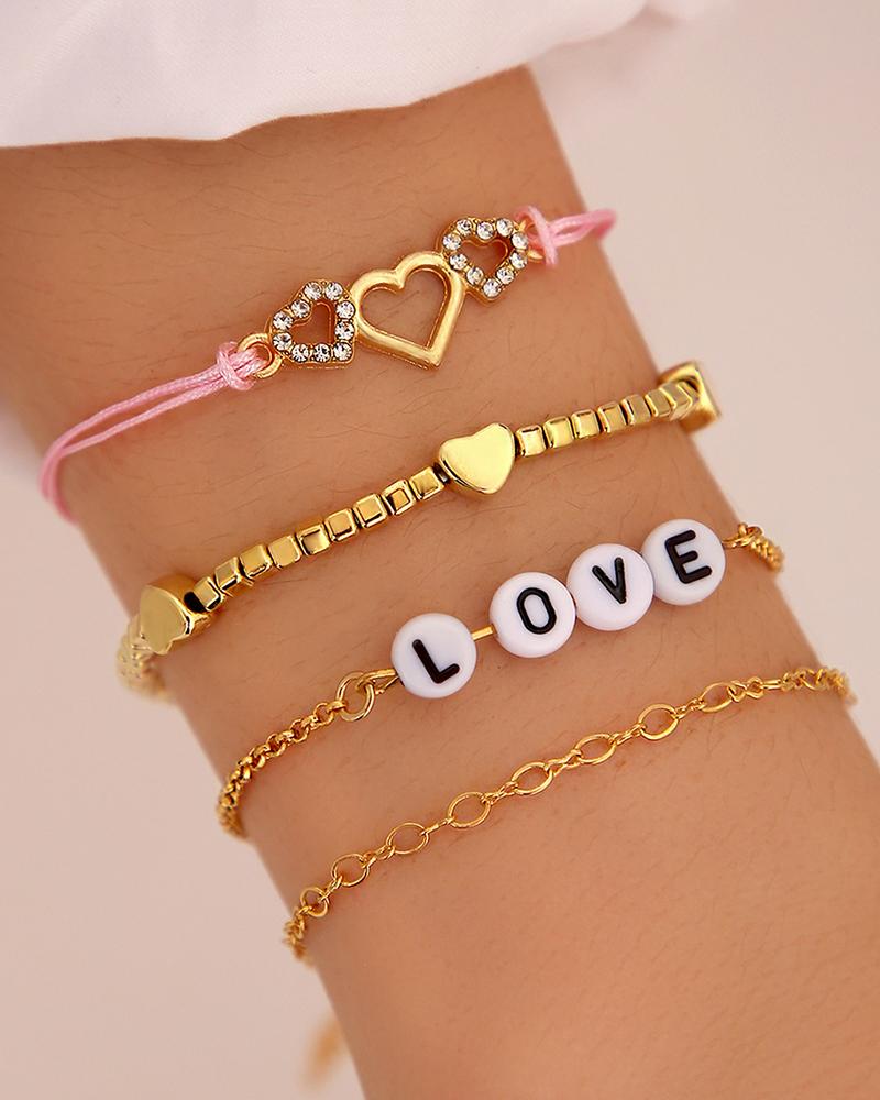 

4pcs Valentine's Day Love Heart Chain Bracelets Set, Gold