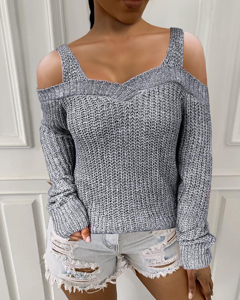 

Plain Long Sleeve Cold Shoulder Sweater, Light gray