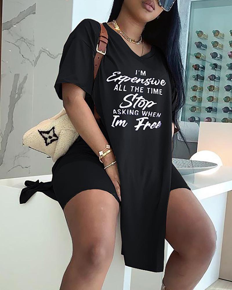 

Letter Print Slit Short Sleeve Top & Shorts Set, Black
