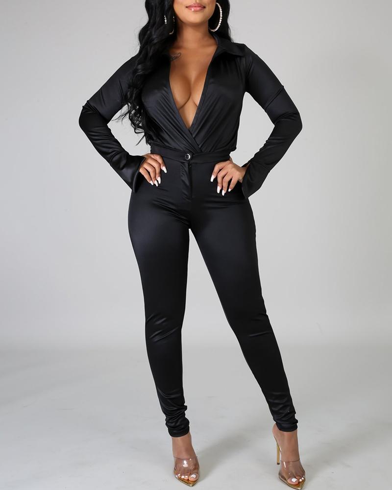 

Satin Long Sleeve Plunge Top & High Waist Pants Set, Black