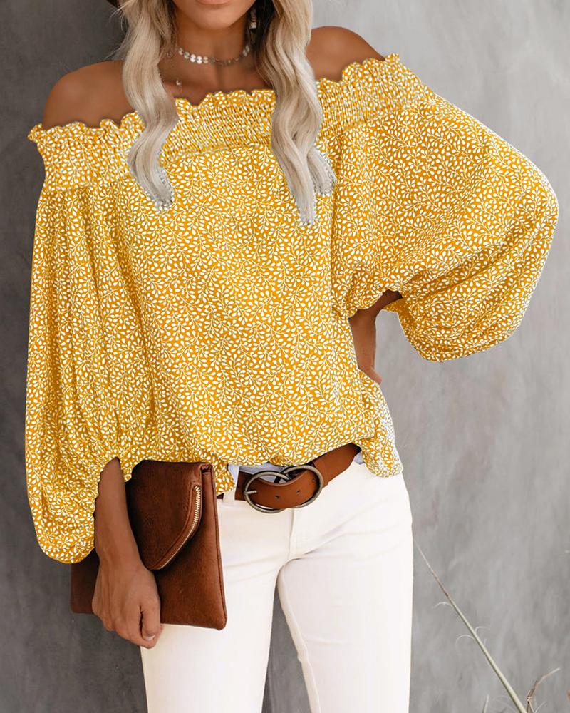 

Off Shoulder Allover Print Lantern Sleeve Top, Yellow