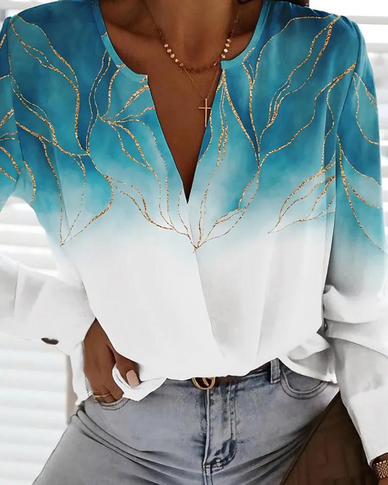 

Green Marble Print Notch Neck Long Sleeve Shirt