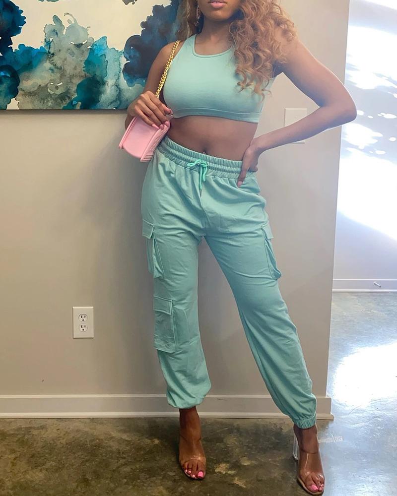 

Sleeveless Crop Top & Drawstring Pocket Design Pants Set, Blue
