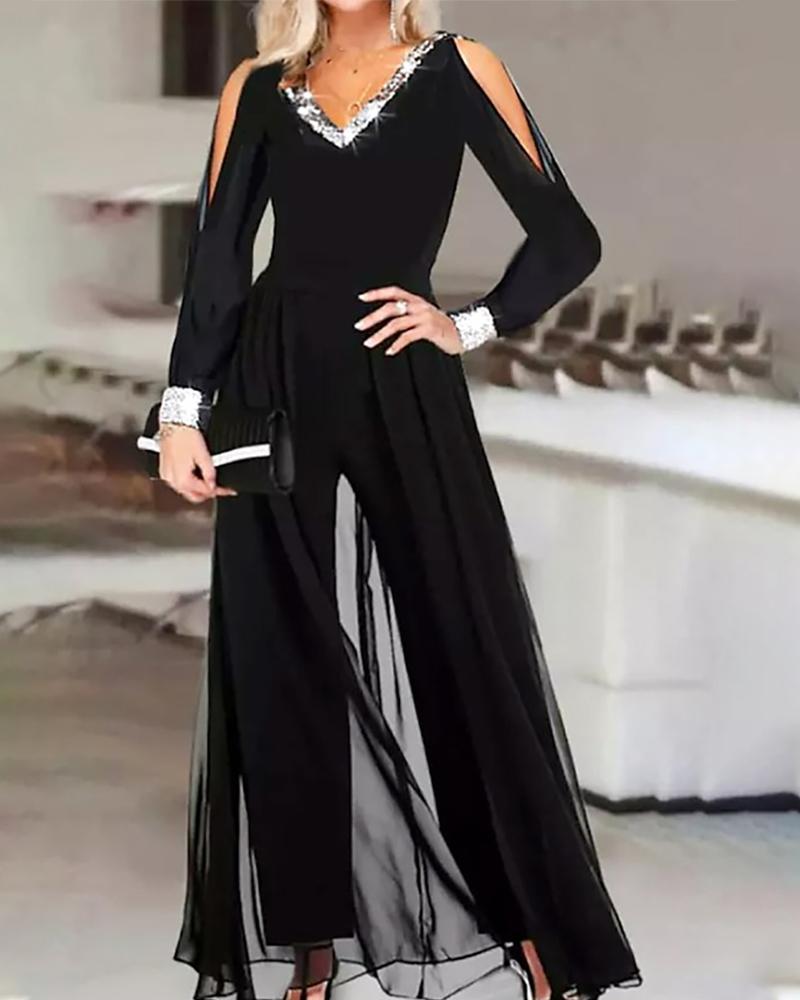 

Rhinestone Cold Shoulder Asymmetrical Hem Jumpsuit, Black