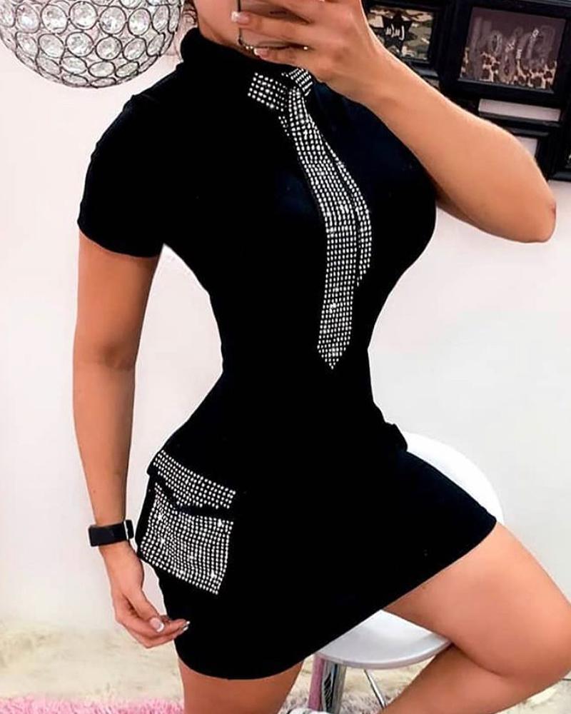

Studded Short Sleeve Bodycon Dress, Black