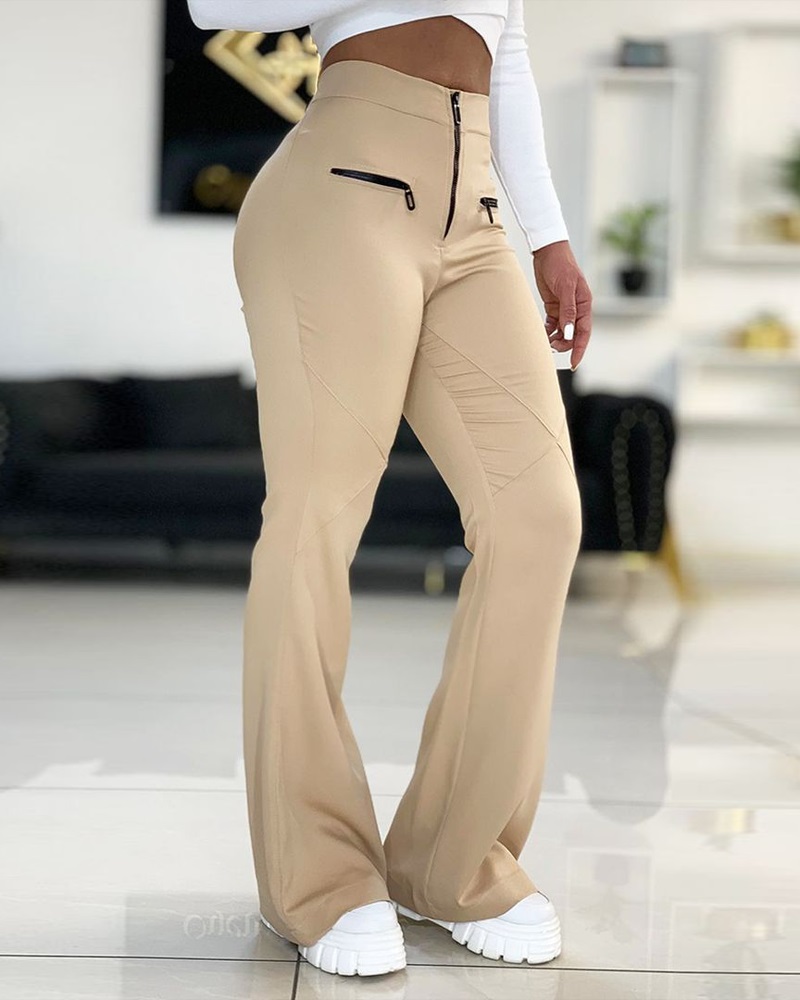 

Zipper Detail Flared Leg High Waist Pants, Khaki