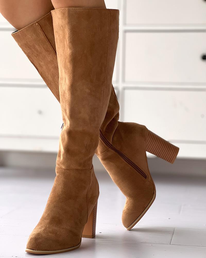 

Chunky Heel Side Zip Calf Boots, Khaki