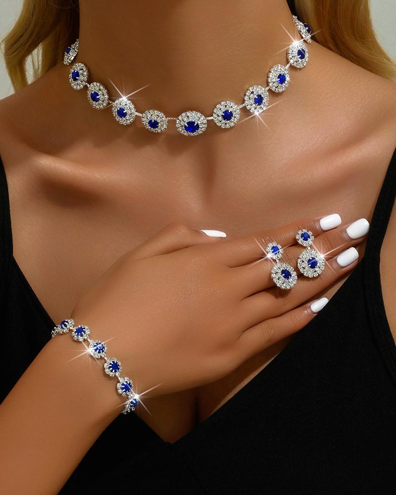 

3PCS Floral Pattern Rhinestone Choker & Dangle Stu Earrings & Bracelet Wedding Jewelry Set, Blue