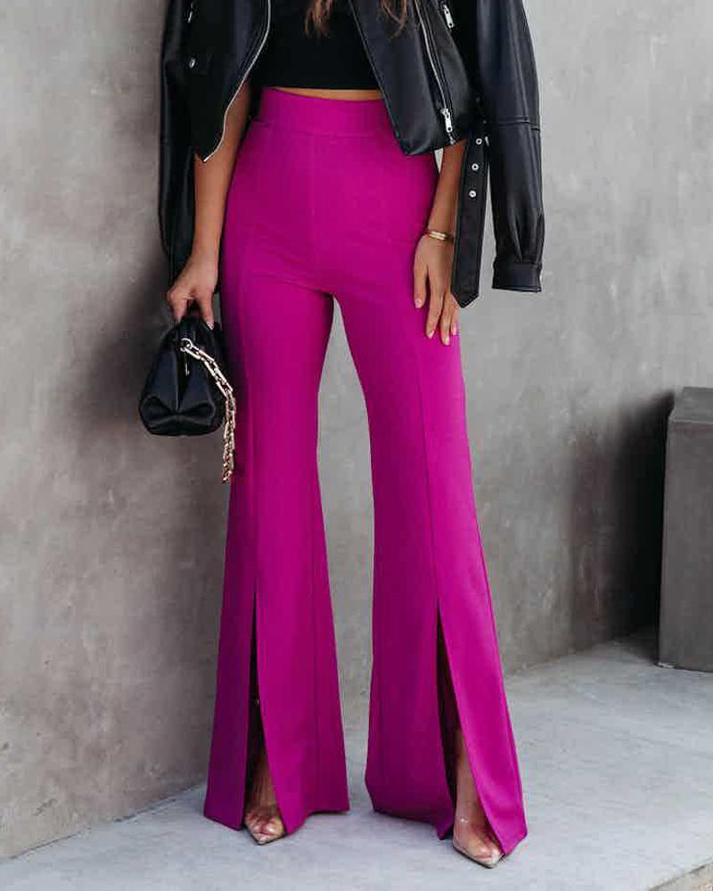 

High Waist Slit Hem Flared Leg Pants, Hot pink