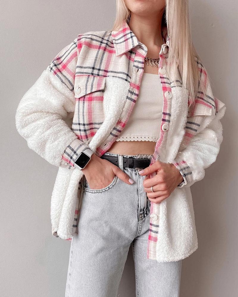 

Plaid Print Patch Button Pocket Design Shacket, Pink