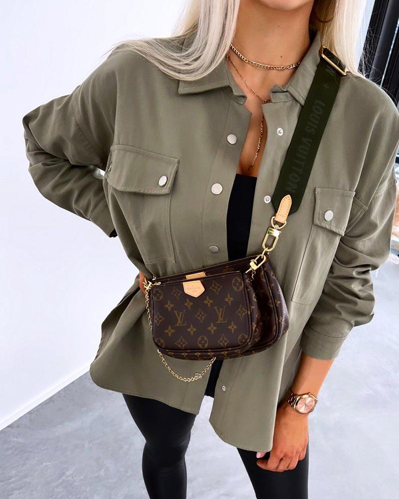 

Buttoned Pocket Design Long Sleeve Coat, Green