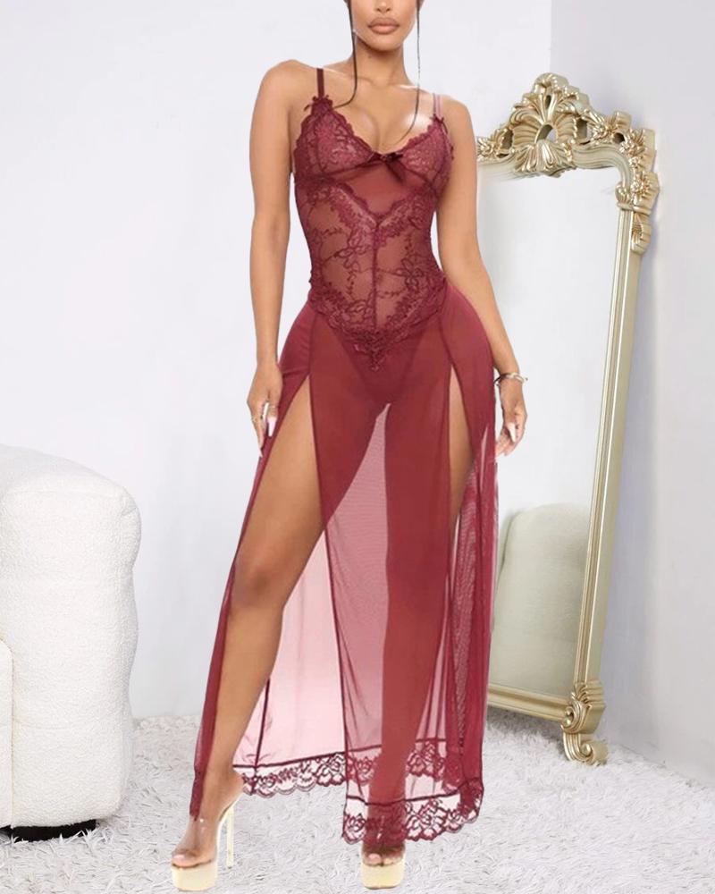 

High Slit Sheer Mesh Lace Babydoll With Thong, Wine red