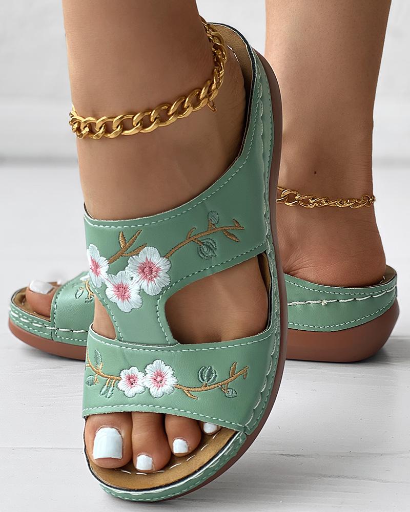 

Floral Embroidery Hollow Out Wedge Slippers, Light green