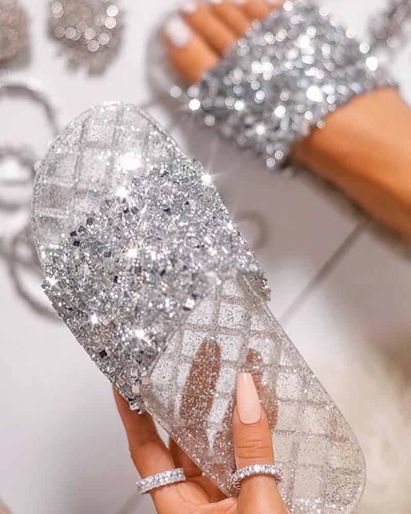 

Open Toe Glitter Rhinestone Flat Slippers, Silver