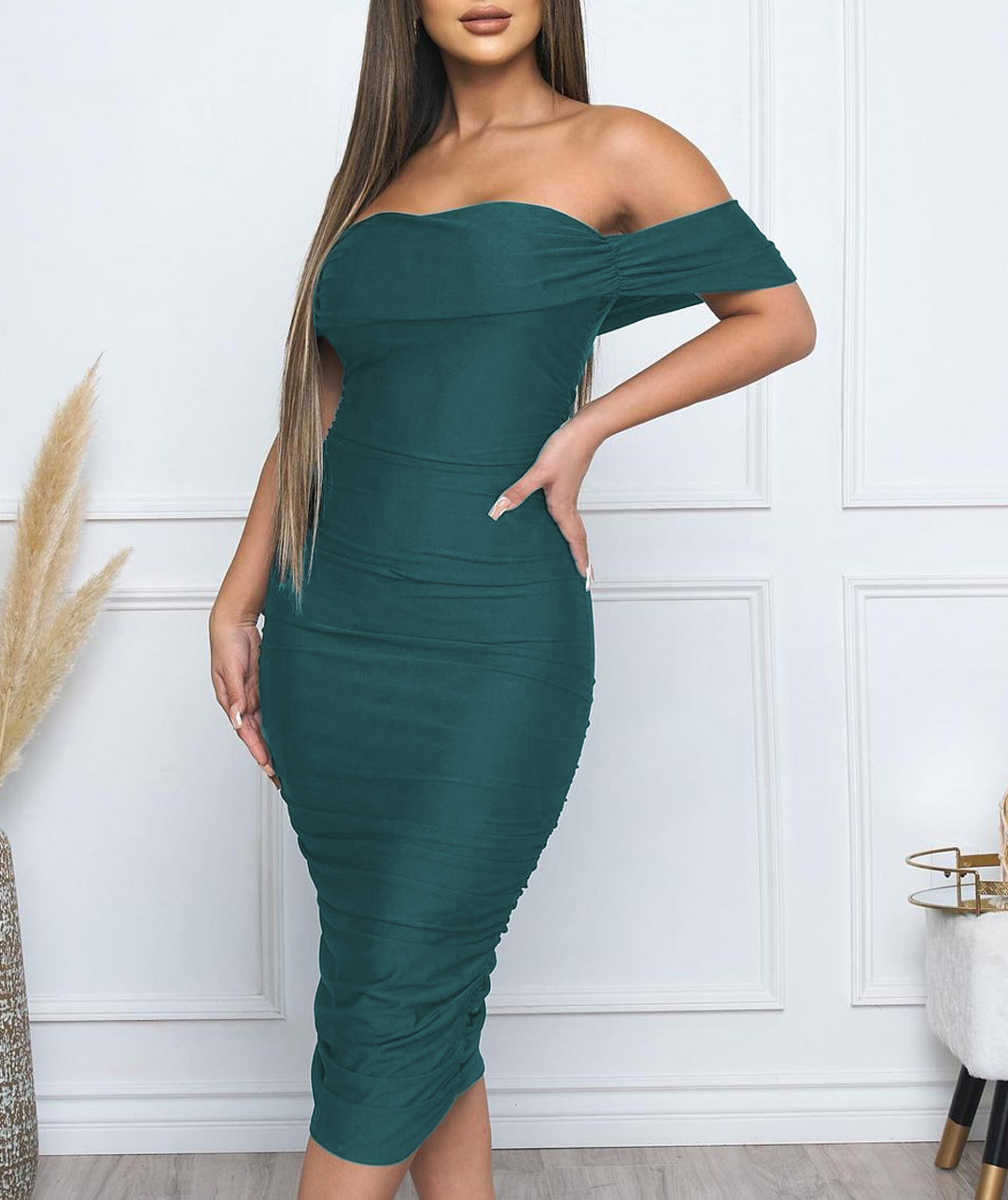

Off Shoulder Ruched Skinny Party Dress, Turquoise blue