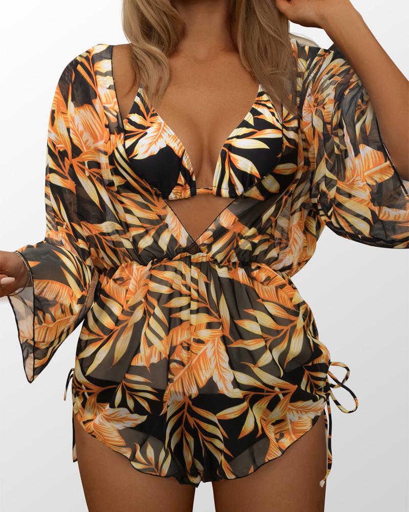 

3PCS Tropical Print Halter Bikini Set With Cover Up, Black