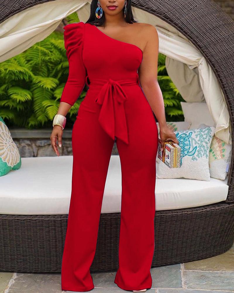 

Solid One Shoulder Puff Sleeve Belted Jumpsuit, Red