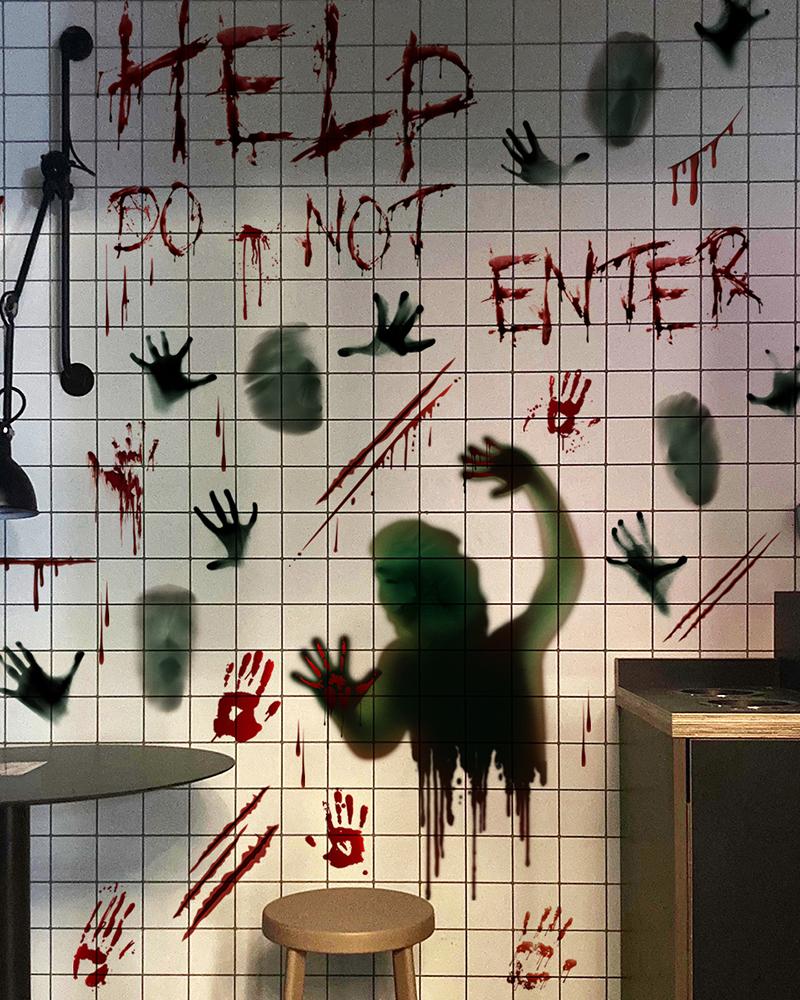 

3 Sheets Halloween Ghost Bloody Handprint Wall Decal Bathroom Stickers, Red