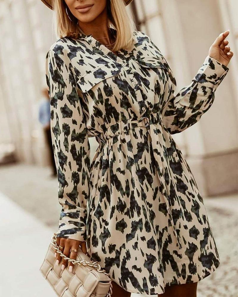 

Abstract Print Buttoned Long Sleeve Shirt Dress, Apricot