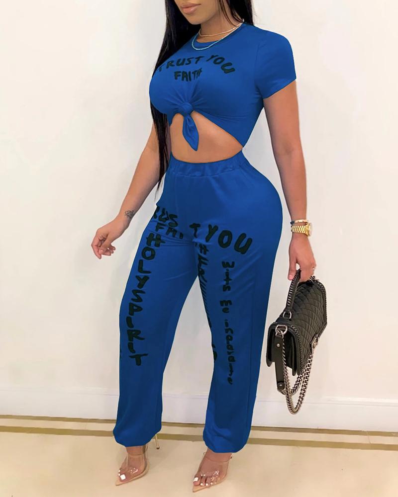 

Letter Print Casual Top & High Waist Pants Set, Dark blue