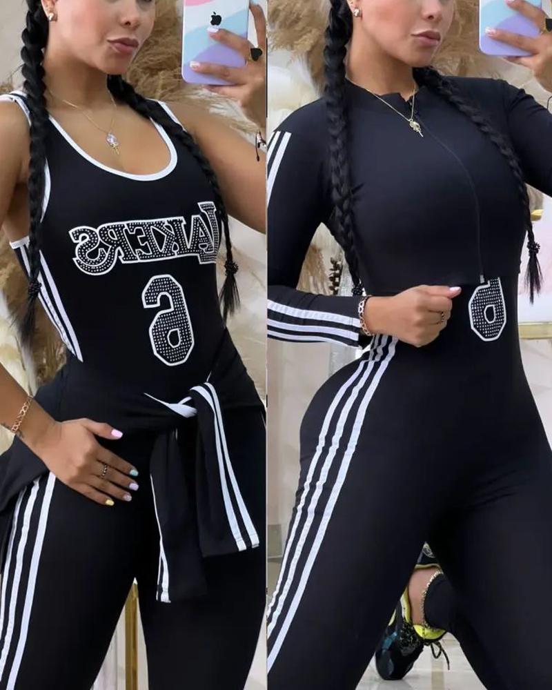

Letter Print Side Striped Rhinestone Top & Jumpsuit Set, Black
